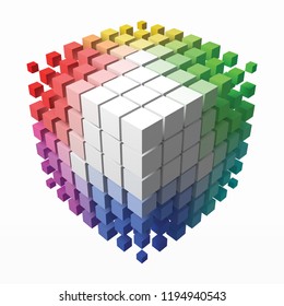 color theory cube with small cubes on corners. 3d style vector illustration. suitable for any banner, ad, technology and abstract themes.