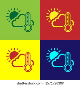 Color Thermometer and cloud with sun icon isolated on color background.  Vector Illustration