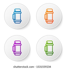 Color Thermos container icon isolated on white background. Thermo flask icon. Camping and hiking equipment. Set icons in circle buttons. Vector Illustration