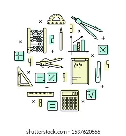 Color thin line concept of mathematics. Vector illustration. Elements mathematics. School, the study of mathematics.