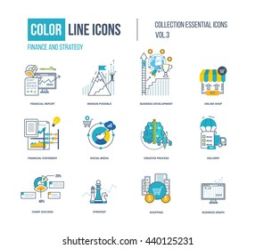 Color Thin Line Icons Set. Logo And Pictograms For Websites, Banners, Infographic Illustrations. Project Management, Business Development, Strategy, Social Media, Creative Process, Delivery, Shopping