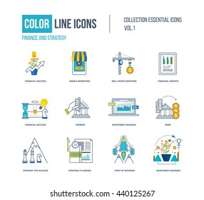 Color thin Line icons set. Logo and pictograms for websites, banners, infographic illustrations. Financial strategy, mobile marketing, strategic planning, investment, start-up, strategy for success