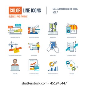 Color Thin Line Icons Set. Business Project And Planning, Mobile Marketing, Application Development, Online Education, Financial Report, Investment Growth, Training. Colorful Logo And Pictograms