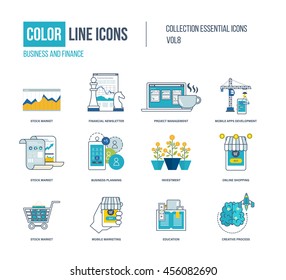 Color thin Line icons set. Stock market, financial newsletter, project management, mobile apps development, education, financial strategy, investment, mobile marketing. Colorful logo and pictograms