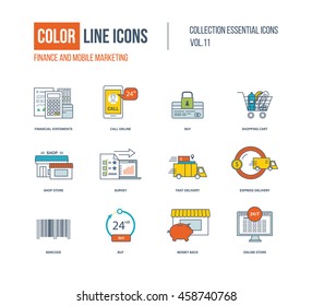 Color thin Line icons set. Finance, mobile marketing, shopping cart, express delivery, online store, shop, survey. Colorful logo and pictograms