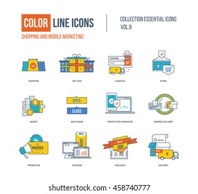 Color thin Line icons set. Online shopping, mobile marketing, super sale, investment, logistics, delivery service, business protection. Colorful logo and pictograms