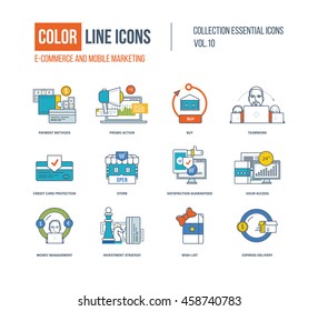 Conjunto de ícones de Linha fina e colorida. E-commerce, marketing móvel, estratégia de investimento, entrega expressa, proteção comercial, gestão de dinheiro, loja e cartão de proteção. Logotipo colorido e pictogramas