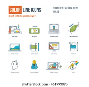 Color thin Line icons set. Design thinking and creativity, desk work, graphic and digital design, design tools, sketching, creative, idea generation, training, vison. Colorful logo and pictograms