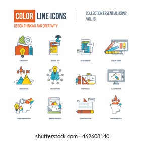 Color thin Line icons set. Design thinking and creativity, desk work, design app, application development, innovation, brainstorm, idea generation, construction. Colorful logo and pictograms