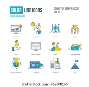 Color thin Line icons set. Startup business, promotion,mobile marketing,express delivery, success, goal, growth dynamics, video advertising, ipo, e-commerce, care. Colorful logo and pictograms