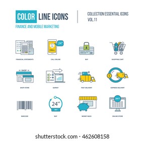 Color thin Line icons set. Finance, mobile marketing, shopping cart, express delivery, online store, shop store, survey. Colorful logo and pictograms