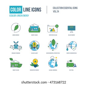 Color Thin Line Icons Set. Ecology, Green Energy, Smart House, Recycling, Solar Energy, Organic Farmer, Clean Planet, Environmental Protection, Water Conservation, Eco Fuel.