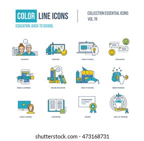 Color thin Line icons set. Back to school, creation, video tutorial, discussion, mobile learning and education, brain training, audio courses, audiobook, goal of training. Colorful logo and pictograms