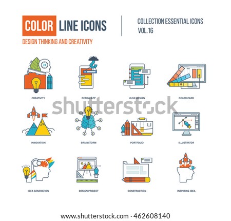 Color thin Line icons set. Design thinking and creativity, desk work, design app, application development, innovation, brainstorm, idea generation, construction. Colorful logo and pictograms