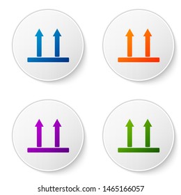 Color This side up icon isolated on white background. Two arrows indicating top side of packaging. Cargo handled so these arrows always point up. Set icons in circle buttons. Vector Illustration