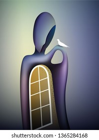color of the thoughts, liquid beautiful form concept, shape of memories, shaped like a man with open window holding white bird, shape and color of soul, vector