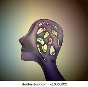color the thoughts,  man profile head with holes inside with colored things inside, memory drugs, amnesia, memory lost, brain decease, surrealistic dream, vector