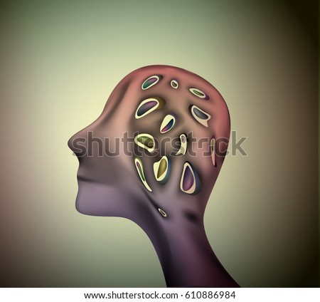 color the thoughts,  man profile head with holes inside with colored things inside, memory drugs, amnesia, memory lost, brain decease, surrealistic dream, vector
