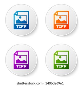 Color TIFF file document icon. Download tiff button icon isolated on white background. TIFF file symbol. Set icons in circle buttons. Vector Illustration