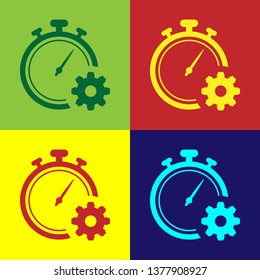 Color Time Management icon isolated on color backgrounds. Clock and gear sign. Productivity symbol. Vector Illustration
