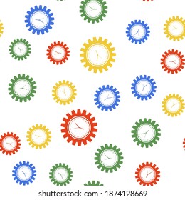 Color Time Management icon isolated seamless pattern on white background. Clock and gear sign. Productivity symbol. Vector.