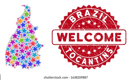 Color Tocantins State map collage of stars, and distress rounded red WELCOME stamp. Abstract territorial plan in colorful color tones. Vector Tocantins State map is created of color stars.