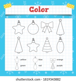 Color Toddler education games with christmas tree decoration. Preschool or kindergarten Christmas worksheet. Vector illustration