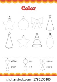 Color Toddler education games. Preschool or kindergarten Christmas worksheet. Vector illustration