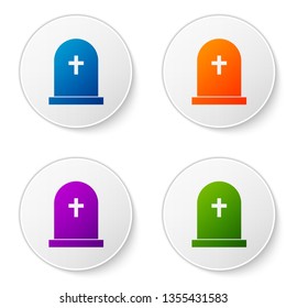 Color Tombstone with cross icon isolated on white background. Grave icon. Set color icon in circle buttons. Vector Illustration