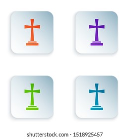 Color Tombstone with cross icon isolated on white background. Grave icon. Set icons in colorful square buttons. Vector Illustration