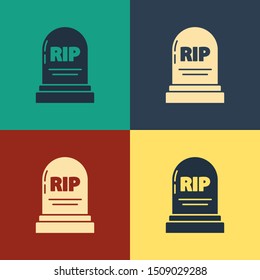 Color Tombstone with RIP written on it icon isolated on color background. Grave icon. Vintage style drawing. Vector Illustration