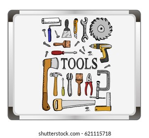 Color tools on flip chart background. Free hand drawn. Vector illustration.