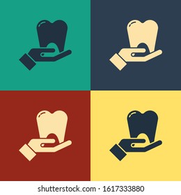 Color Tooth icon isolated on color background. Tooth symbol for dentistry clinic or dentist medical center and toothpaste package. Vintage style drawing. Vector Illustration