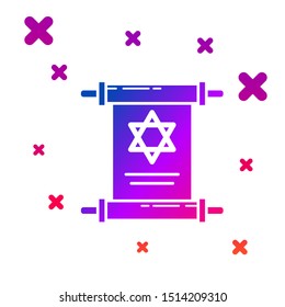 Color Torah scroll icon isolated on white background. Jewish Torah in expanded form. Star of David symbol. Old parchment scroll. Gradient random dynamic shapes. Vector Illustration