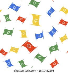 Color Torah scroll icon isolated seamless pattern on white background. Jewish Torah in expanded form. Torah Book. Star of David symbol. Simple old parchment scroll. Vector.