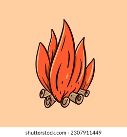 Color tourism bonfire sign art. Hand drawn cartoon style vector illustration. Isolated on orange background.