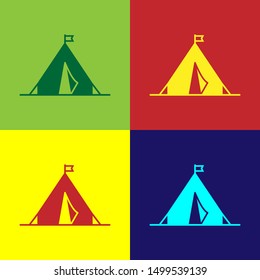 Color Tourist tent with flag icon isolated on color background. Camping symbol.  Vector Illustration