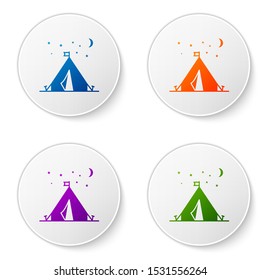 Color Tourist tent with flag icon isolated on white background. Camping symbol. Set icons in circle buttons. Vector Illustration
