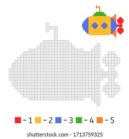 Color toy submarine in pixel art. Educational kids coloring. Pattern for embroidering a pattern. Vector stock illustration.