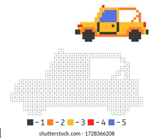 Color toy SUV in pixel art. Educational coloring for children. Cell coloring. Pattern for embroidery patterns. Vector stock illustration.