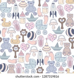 Color toys and accessories for newborn seamless pattern. Baby von. Vector illustration.