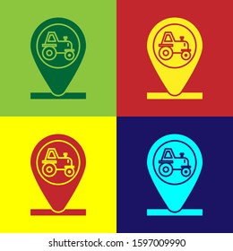 Color Tractor and location icon isolated on color background.  Vector Illustration