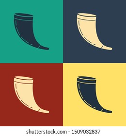 Color Traditional ram horn, shofar icon isolated on color background. Rosh hashanah, jewish New Year holiday traditional symbol. Vintage style drawing. Vector Illustration