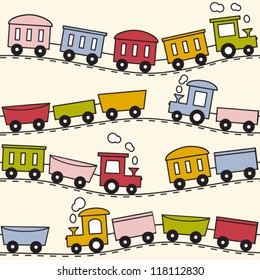 Color trains, wagons and rails - seamless pattern