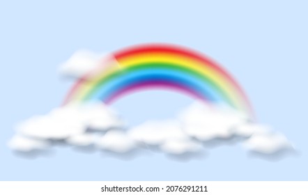 Color transparent rainbow and white clouds on blue sky. Realistic clouds and rainbow