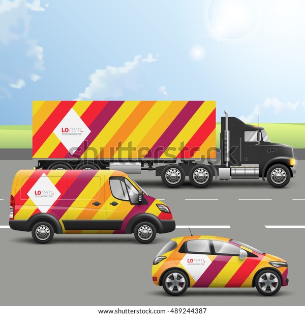 Color transport advertising design with red,\
orange and yellow diagonal lines. Templates of the truck, bus and\
passenger car. Corporate\
identity