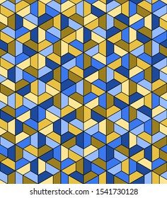 color trapezes. trapezium and hexagon geometric shapes. vector seamless pattern. simple blue and yellow repetitive background. textile paint. fabric swatch. wrapping paper. continuous print