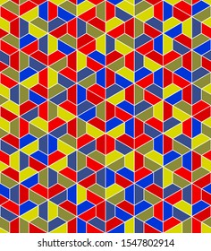 color trapezes. trapezium and hexagon geometric shapes. vector seamless pattern. simple blue yellow green red repetitive background. textile paint. fabric swatch. wrapping paper. continuous print