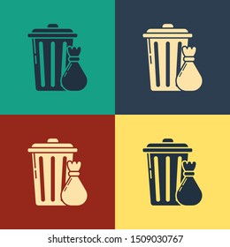 Color Trash can and garbage bag icon isolated on color background. Garbage bin sign. Recycle basket icon. Office trash icon. Vintage style drawing. Vector Illustration