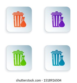 Color Trash can and garbage bag icon isolated on white background. Garbage bin sign. Recycle basket icon. Office trash icon. Set icons in colorful square buttons. Vector Illustration